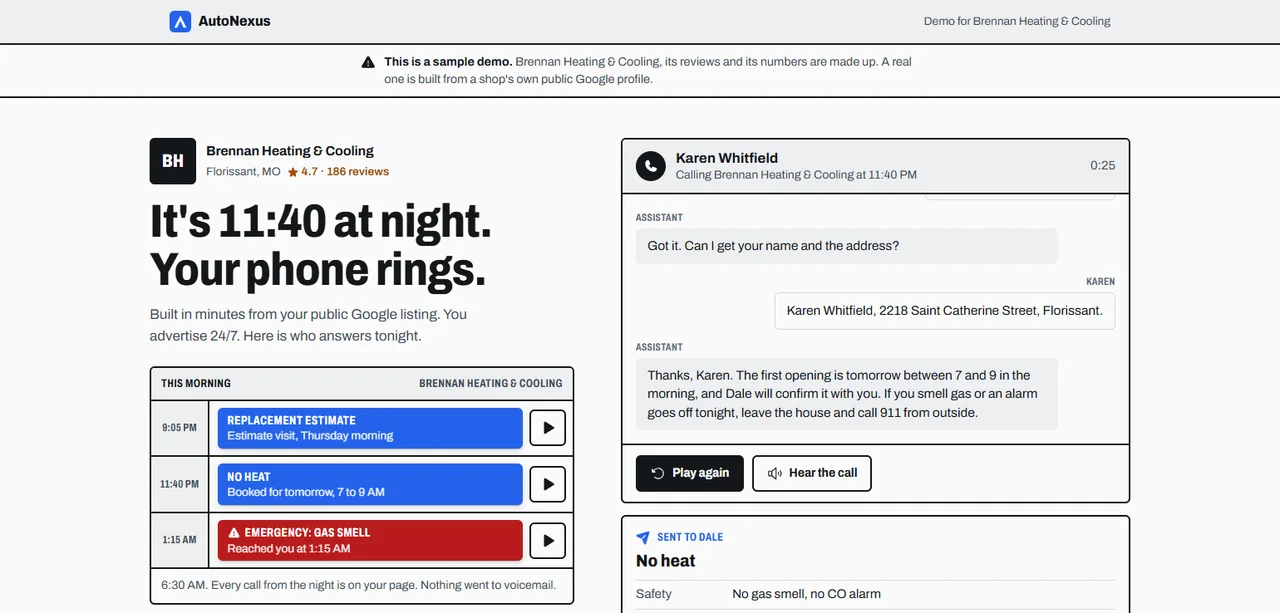 The field demo: a late-night call to a sample heating company, answered and written down, with the night's three calls on the owner's board.