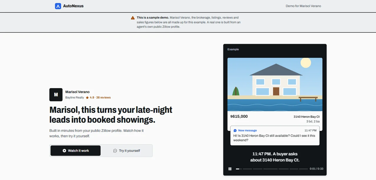 The listings demo: a buyer's late-night message about a sample home for sale.